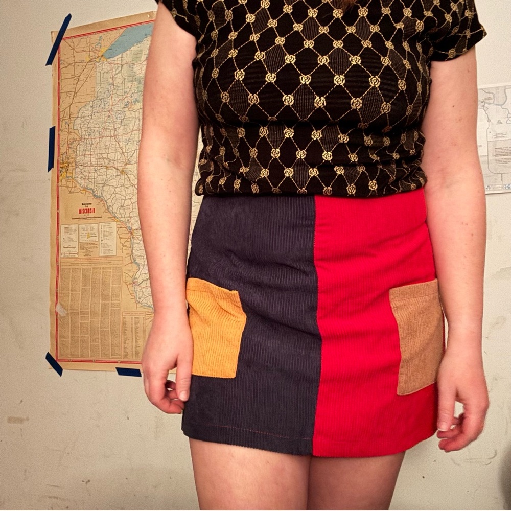 Mod Color Block Corduroy Mini Skirt, Large, High … - image 1